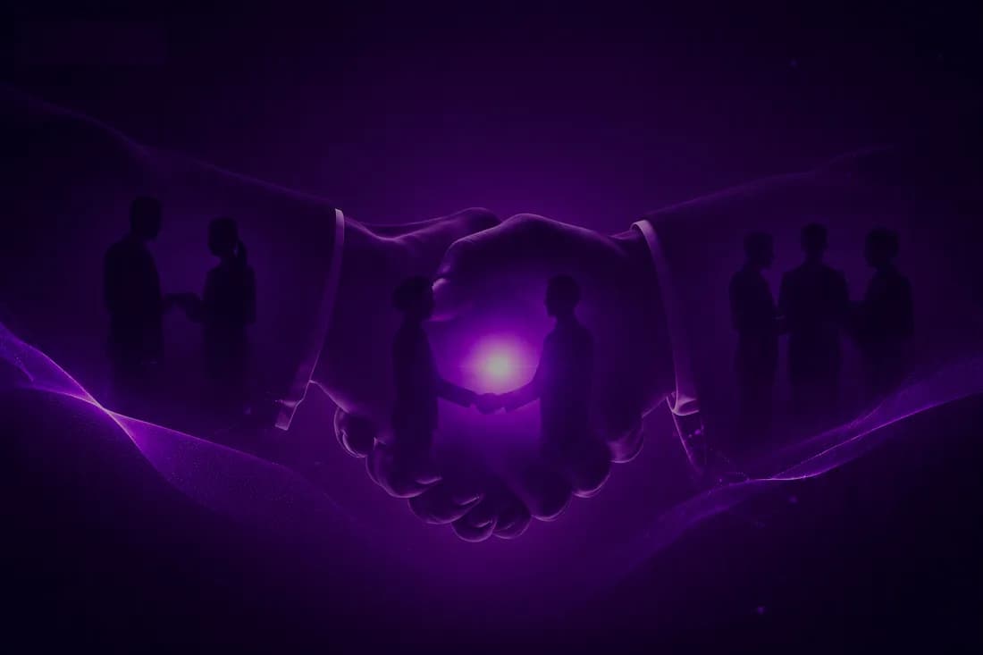 Dos manos estrechándose sobre un fondo púrpura, con siluetas de personas cerrando acuerdos